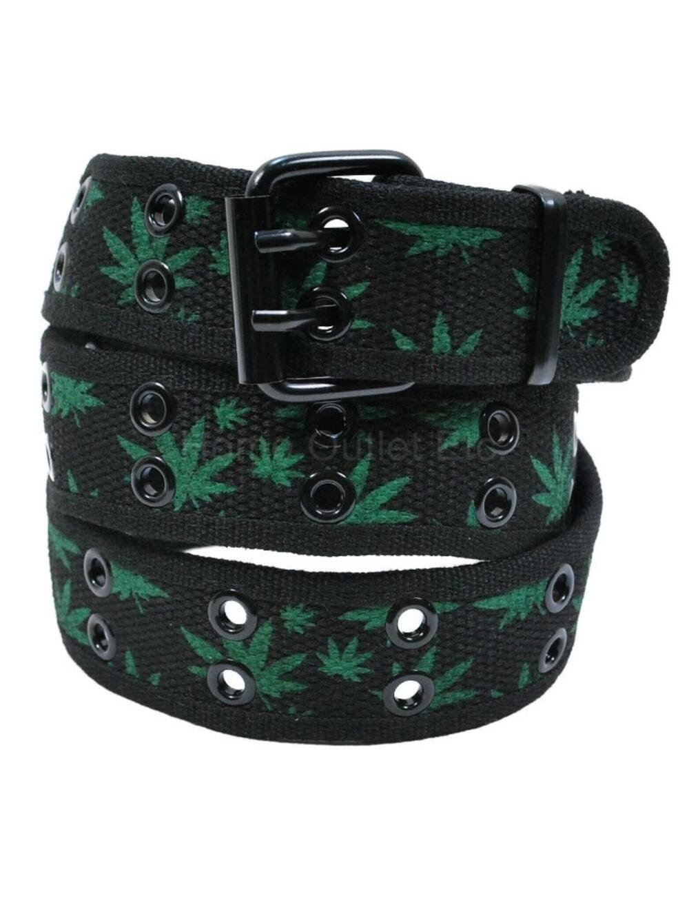Marihuana Leaf Belt Unisex 2 Hole Grommet Web Canvas Black Large